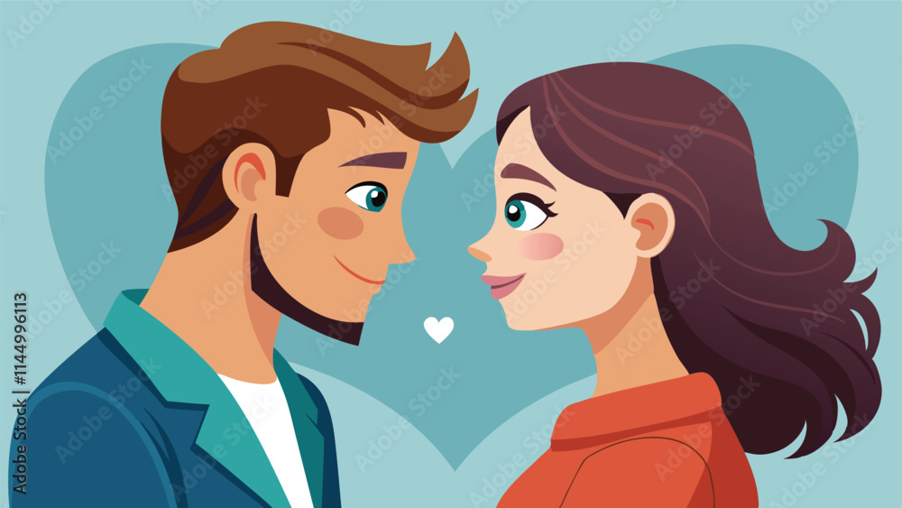 Poster Couple gazing lovingly at each other with hearts in background symbolizes romance and affection in a playful vector design