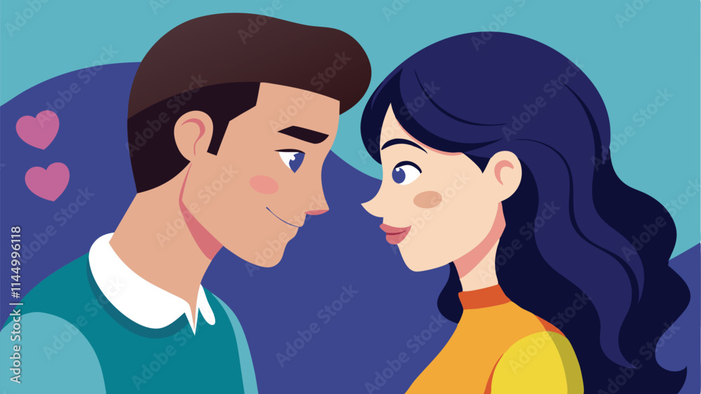 Aufkleber Couple gazing lovingly at each other with hearts in background symbolizes romance and affection in a playful vector design