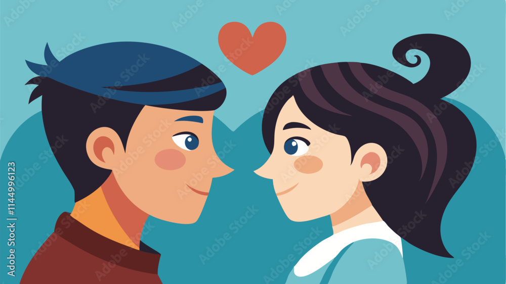 Poster Couple gazing lovingly at each other with hearts in background symbolizes romance and affection in a playful vector design