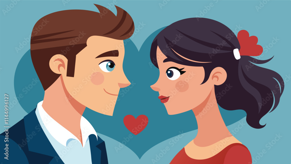 Poster couple gazing lovingly at each other with hearts in background symbolizes romance and affection in a