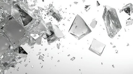 Shattered glass fragments floating on white background.
