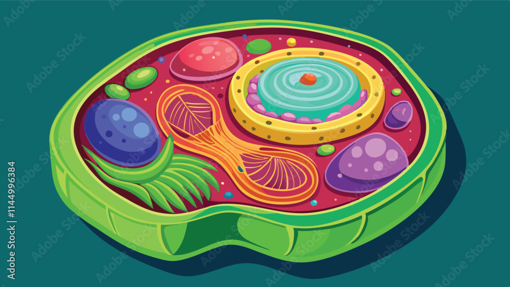 Poster colorful vector illustration of a cell showcasing organelles, structures, and vibrant colors depicti