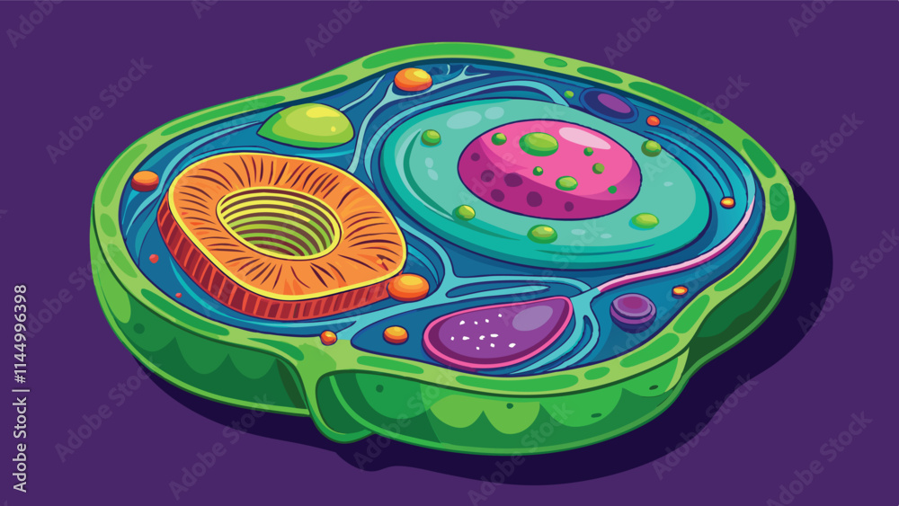 Poster colorful vector illustration of a cell showcasing organelles, structures, and vibrant colors depicti