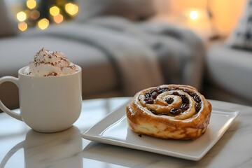 Golden raisin swirl pastry on a sleek plate, light wood coffee table, paired with hot chocolate in a gray mug. Warm, cozy ambiance