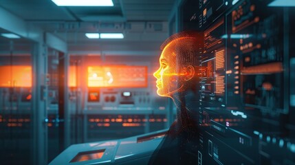 A visually stunning and futuristic image depicting a digitally enhanced cyborg figure surrounded by a high tech data driven environment featuring advanced intelligence