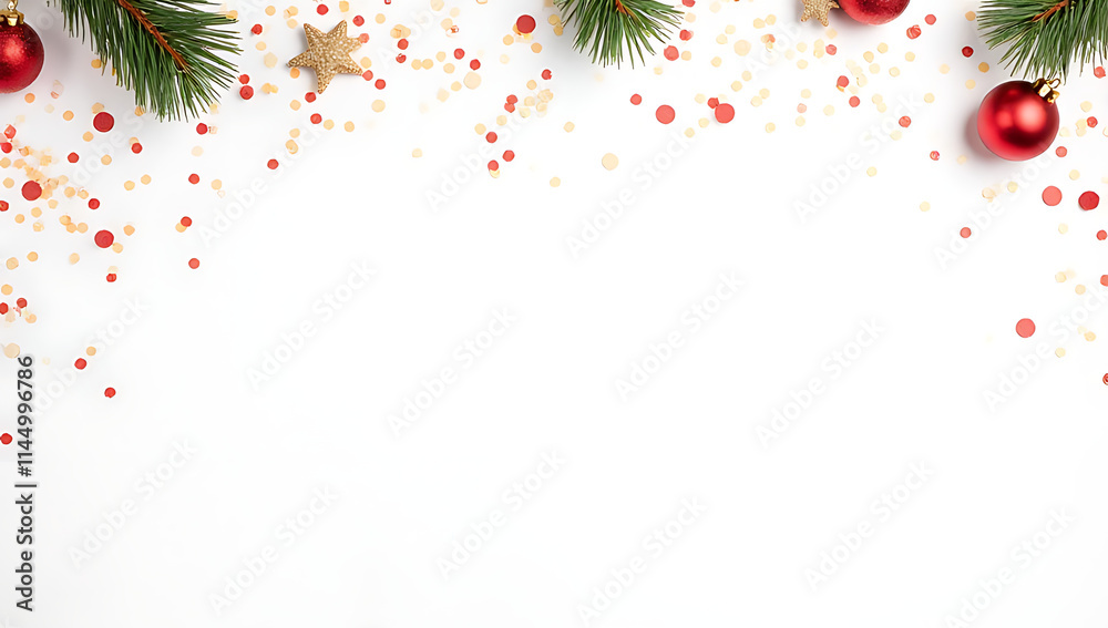 Poster christmas decorations featuring confetti on a white background provide a playful flat lay design con