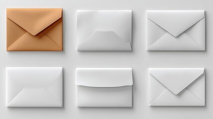 Six envelopes, one orange, five white, flat lay on grey.