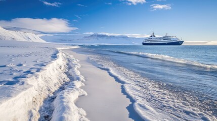 Fototapeta premium Cruise ship sailing near snowy coast in arctic ocean