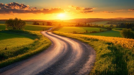 Winding country road leading through fields at sunset