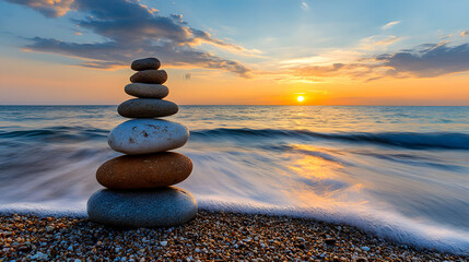 Stone pyramid on the seashore during sunset.