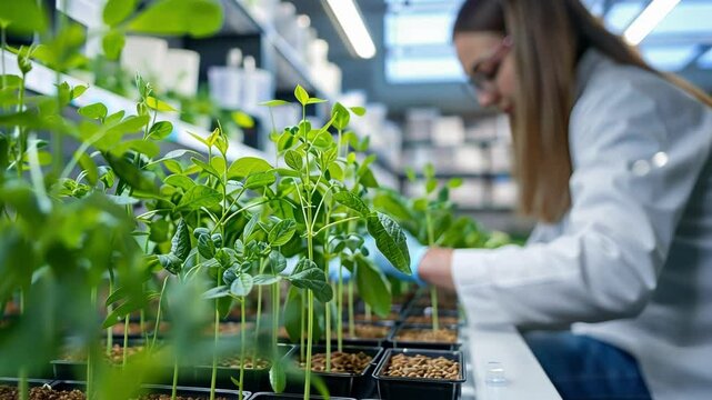 Agricultural scientist examining small plants growing in pots inside a controlled laboratory environment, conducting research for plant growth and development