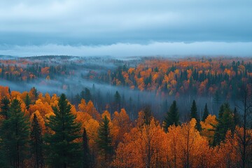 Fog rolling over colorful autumn forest at sunrise