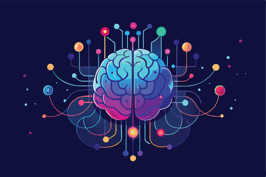 Exploring the link between technology and human cognition through a vibrant vector illustration of a brain connected to colorful digital nodes