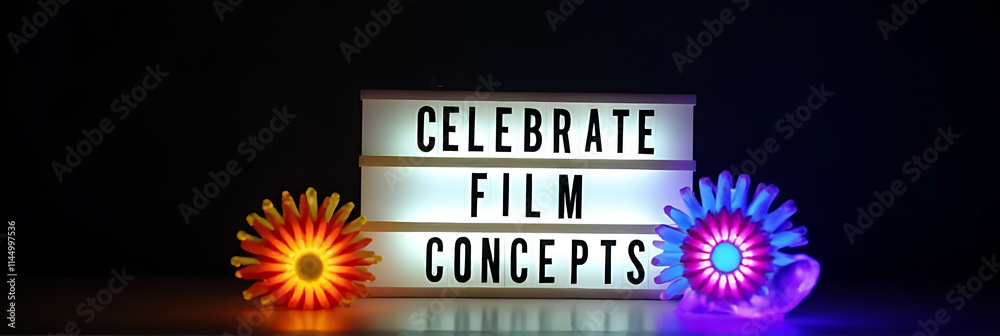Poster celebrate film concepts with vibrant text on a light box accompanied by a colorful prop against a da