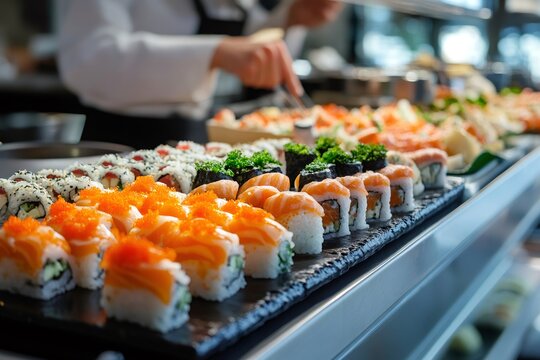 Chef arranging sushi rolls on a slate platter in restaurant buffet - Powered by Adobe
