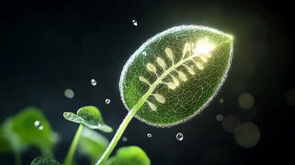 magnified view of single green leaf with intricate veins and water droplets