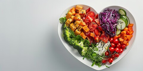 A heart-shaped dish containing healthy, nutritious food to promote cardiac fitness and a balanced diet with ad space, Generative AI.