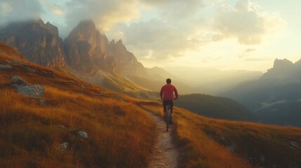 Obraz premium Cyclist riding mountain bike on trail at sunset in dolomites, italy