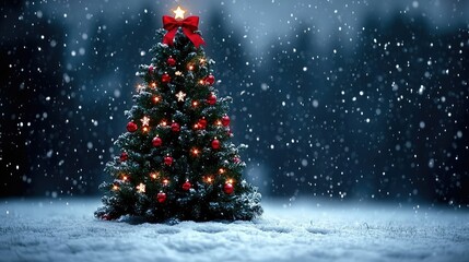 Snowy night scene with illuminated Christmas tree adorned with red ornaments and a large bow.