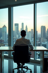 Businessman sits at desk in modern office with large window providing a stunning cityscape view outside._00003_