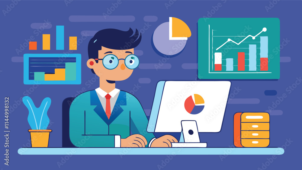 Poster business analytics professional working at a modern desk with charts and graphs displayed on the com