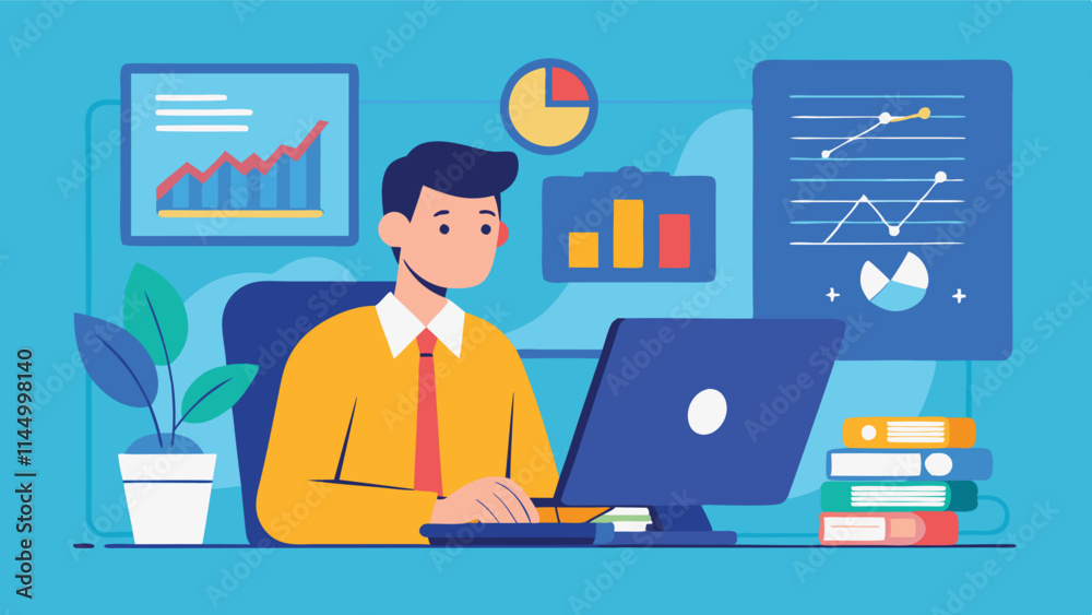 Poster business analytics professional working at a modern desk with charts and graphs displayed on the com