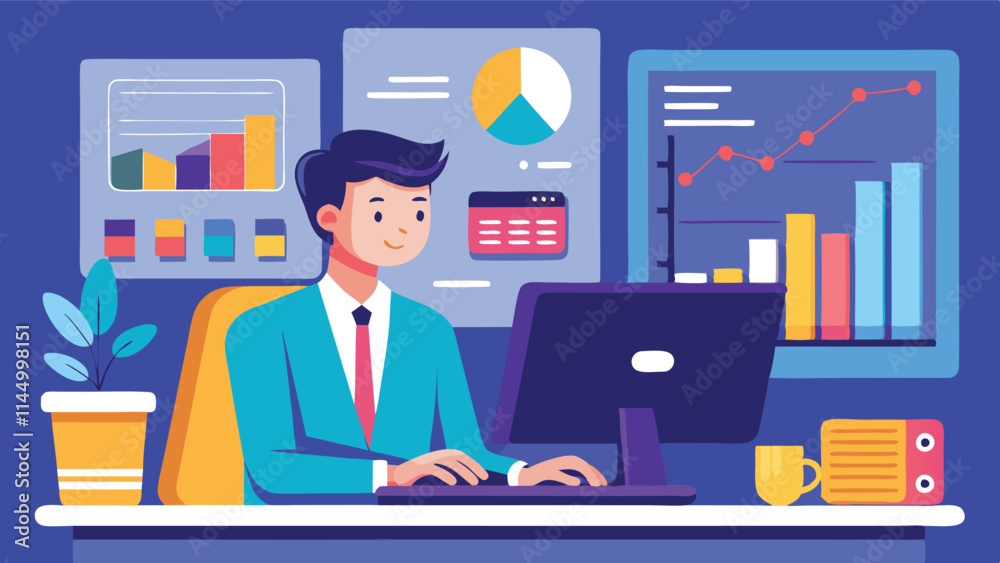 Poster business analytics professional working at a modern desk with charts and graphs displayed on the com