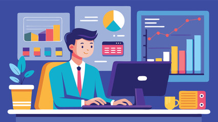 Business analytics professional working at a modern desk with charts and graphs displayed on the computer screen