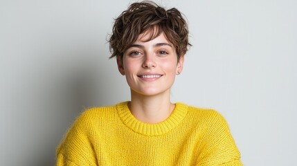 Happy young woman with short hair wearing a yellow sweater.