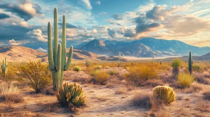 Saguaro cacti dominating the arid landscape of the sonoran desert at sunset