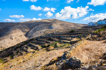 View of Chora village and mountains from trekking trail, Amorgos island, Cyclades, Greece