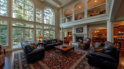 Obraz premium Luxurious two-story living room with high ceilings, large windows, fireplace, and leather furniture.