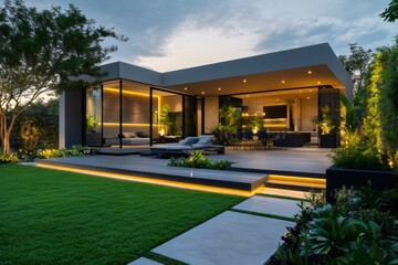 Modern luxury house exterior design with patio, garden, and deck lighting