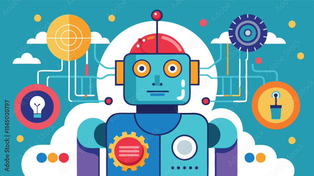 Leinwandbilder illustration of a technological robot surrounded by data symbols in a colorful vector design showcas