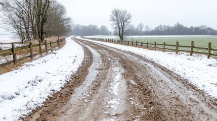 Naklejka premium Snowy, muddy country road with wooden fences.