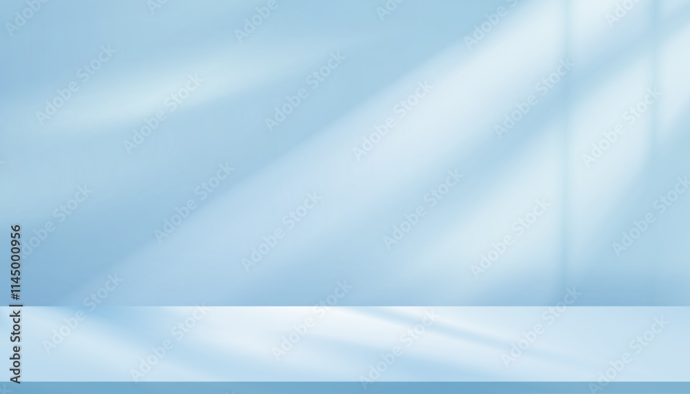 Poster Background sky blue color wall kitchen with shadow,light from window reflection on empty floor for spring product present,Vector 3d Studio Room with summer sunlight,Empty Backdrop blue Podium Display