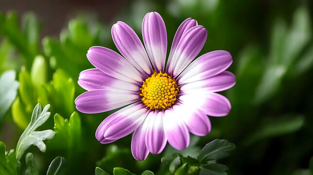 vibrant close up of purple African daisy with lush green leaves