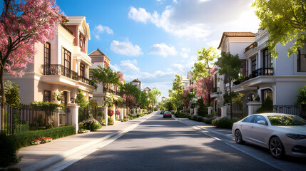 Fototapeta premium A street lined with beautiful residential houses.