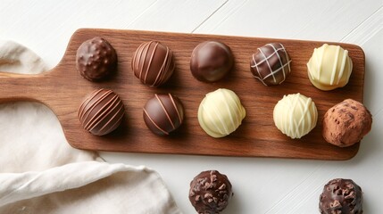 Assorted gourmet chocolate truffles resting on wooden cutting board