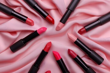 Obraz premium Various pink and red lipsticks arranged in a circular pattern on soft pink fabric, flat lay composition for beauty design