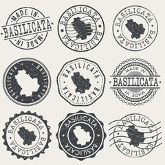 Basilicata, Italy Set of Stamps. Country Travel Marks. Made In Product. Design Seals Old Style Insignia.