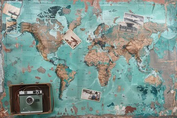 Naklejka premium Travel memories captured on a world map backdrop showcasing adventures and experiences across different locations. Generative AI