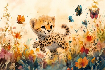 Obraz premium Cheetah cub running through wildflowers chasing butterflies