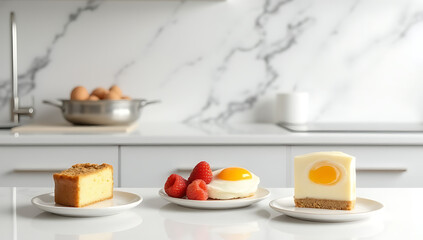Breakfast foods or a slice of cake sit on a white table in front of a marble kitchen wall._00001_