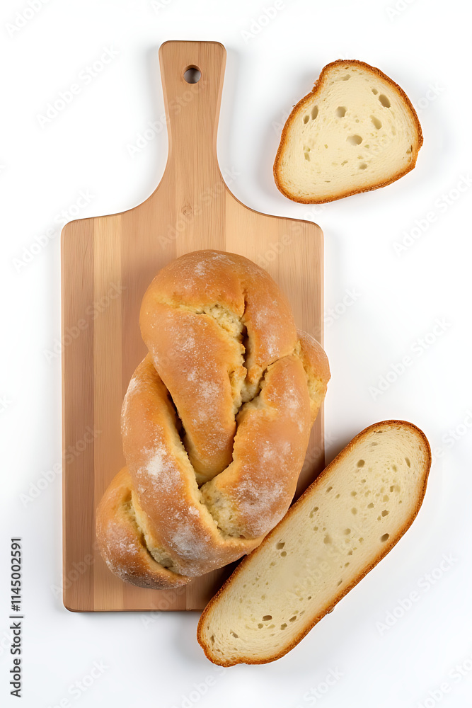 Poster bread and bakery set with chopping board placed on a clean white background for a fresh food present