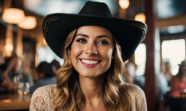 Woman with Mexican hat in a Mexican restaurant.