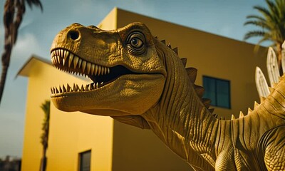 Yellow dinosaur in a yellow building.