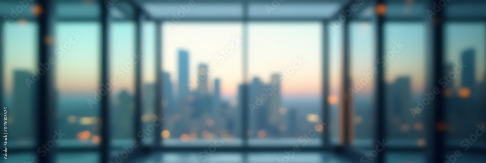 Poster blurred images show a glass wall reflecting a modern cityscape in the background through an abstract