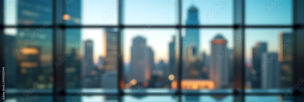 Poster blurred images show a glass wall reflecting a modern cityscape in the background through an abstract
