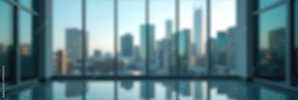 Poster blurred images show a glass wall reflecting a modern cityscape in the background through an abstract